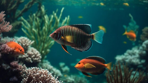 Underwater world in the ocean or in the sea Fish swim among corals and marine plants