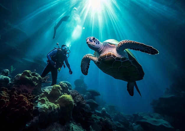 underwater world photography loggerhead giant turtle with scuba diver