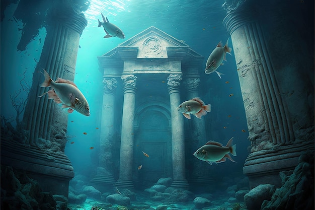 Foto mondo sottomarino le rovine di un antico tempio e pesci che nuotano sott'acqua barriere coralline atlantide che si tuffa sott'acqua alla ricerca di tesori arte ad alta risoluzione intelligenza artificiale generativa