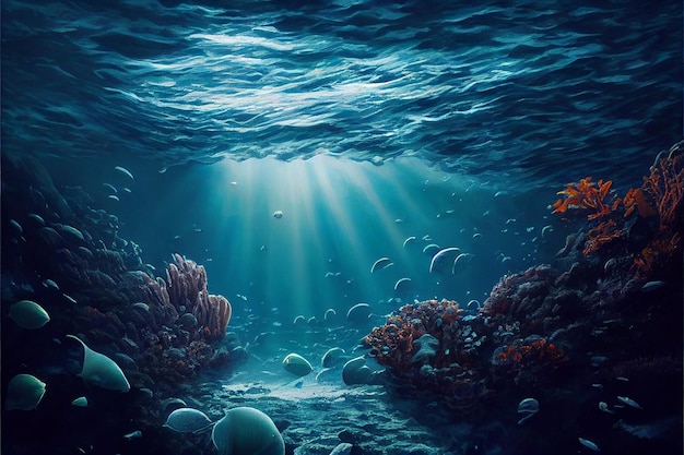 Underwater world scene. Coral reef and sun ray clean ocean. (Created with Generative AI technology)