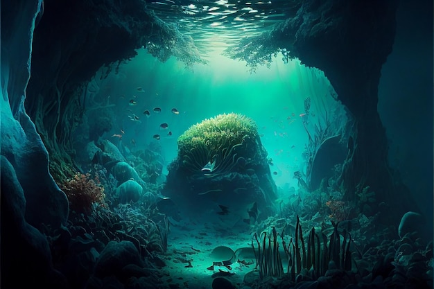 Сцена подводного мира. Коралловый риф и солнечные лучи очищают океан. (Создано с использованием технологии генеративного ИИ)