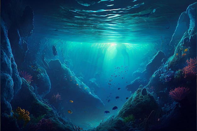 Photo underwater world scene coral reef and sun ray shining through clean ocean water created with generative ai technology