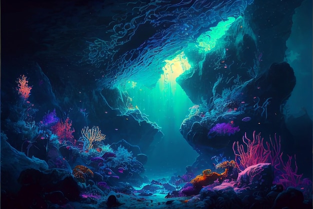 Photo underwater world scene coral reef and sun ray shining through clean ocean water created with generative ai technology