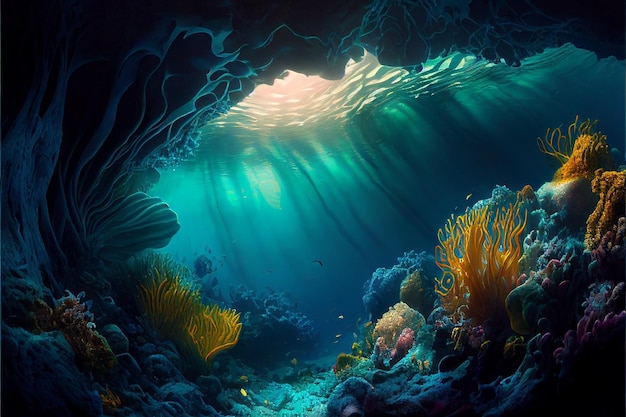 Photo underwater world scene coral reef and sun ray shining through clean ocean water created with generative ai technology