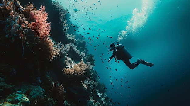 Photo underwater world scuba diver exploring a coral reef