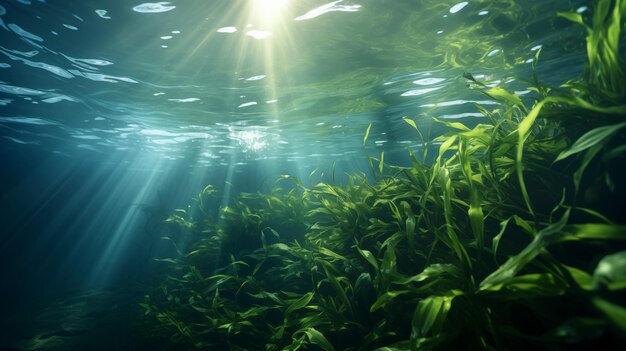 Underwater world of seaweed rays of the sun through the water horizontal format