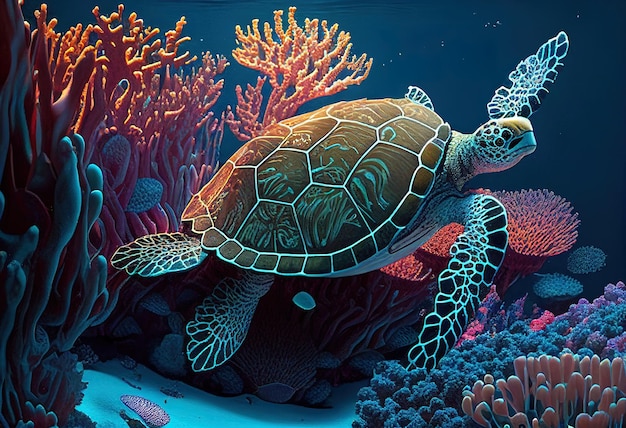 Underwater world Turtle illustration AI generative