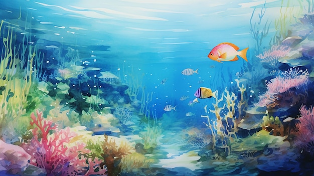 подводный мир акварелью