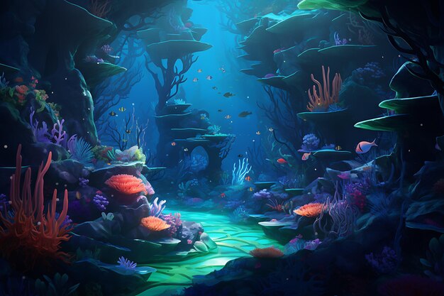 Underwater world with aquatic flora and fauna