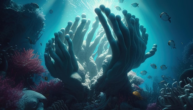 Underwater world with coral reefs digital art illustration Generative AI