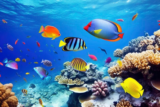 Underwater world with corals and tropical fish