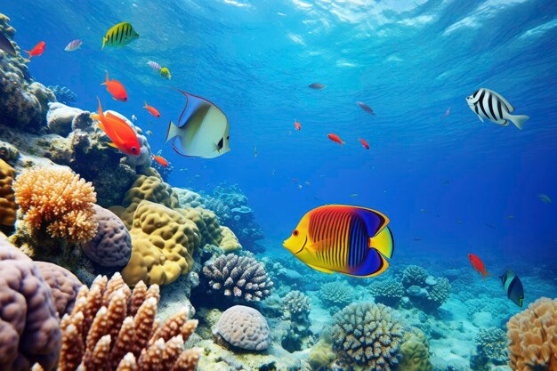 Underwater world with corals and tropical fish