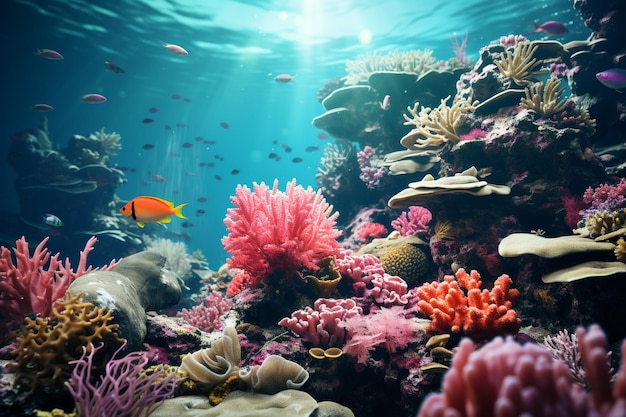 Underwater world with corals turtle fishes ocean inside coral reef blue tortoise dept lagoon aquatic world coral formations animals marine life aquatic creatures water characters sea immensity