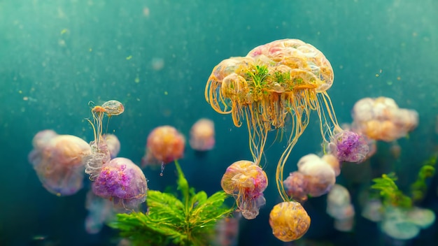underwater world with realistic jellyfish and plants