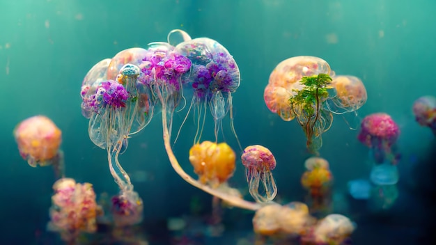 underwater world with realistic jellyfish and plants