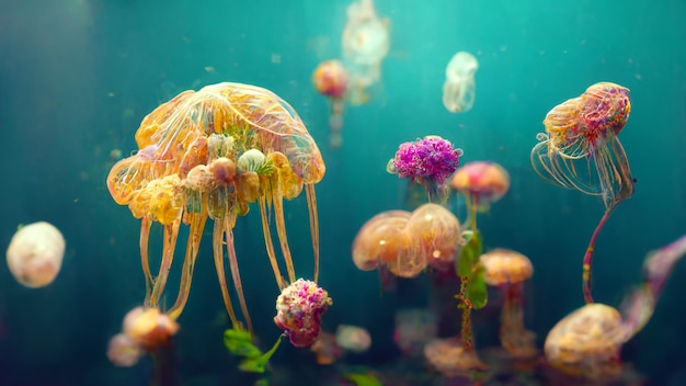 underwater world with realistic jellyfish and plants