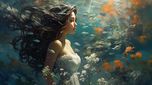 underwater world with woman illustration