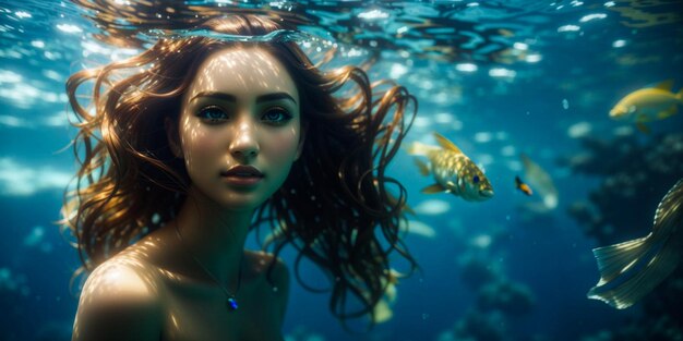 Underwater young beautiful woman playing mermaid freediving wallpaper background