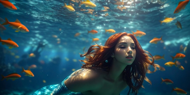 Underwater young beautiful woman playing mermaid freediving wallpaper