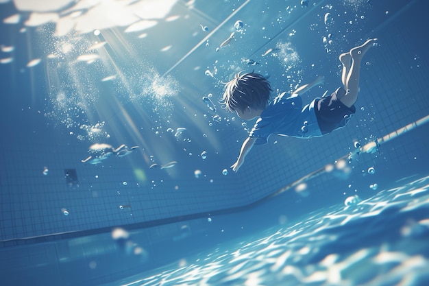 写真 水中の少年がプールで楽しんでいます