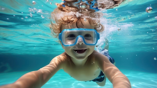 Underwater young boy fun in the swimming pool with goggles summer vacation fun