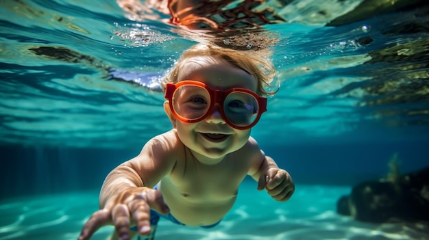 Underwater Young kid Fun in the Swimming Pool with Goggles Summer Vacation Fun