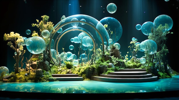 An underwaterthemed stage with aqua hues and gentle bubble effects around its base