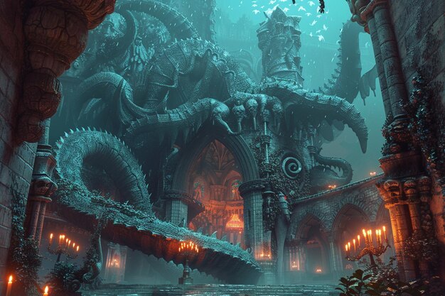 Underworld city with mythical creatures from diver