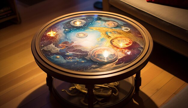 Une petite table basse dans une piece d'un noble d'un univers medievale fantasy et tous ca dans un s