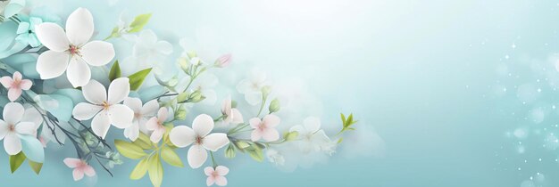 An unearthly spring landscape with blooming flowers banner with empty space