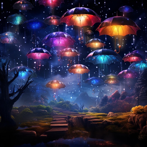 Unearthly Umbrellas Rain of Light in the Galactic Ballet