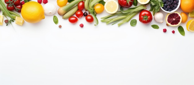 Неотредактированное изображение сверху, показывающее пустое пространство, окруженное различными видами свежих продуктов.