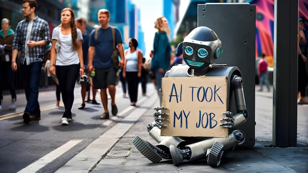 Photo unemployed homeless robot on street with sign ai took my job