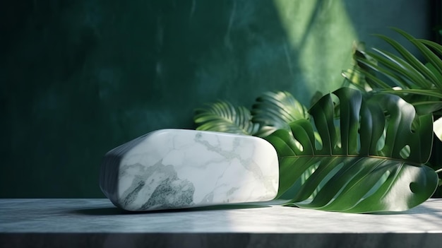 Необязательный передовой белый мраморный каменный стол тропическое растение монстера дерево при дневном свете на зеленой разделительной основе для экстравагантности расширенная характеристика обязывающая искусственный интеллект