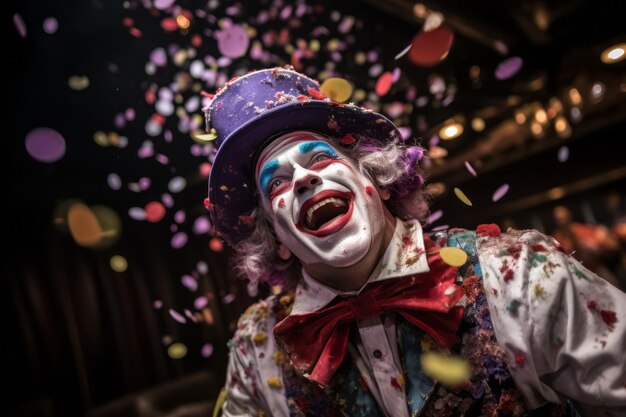 Unexpected confetti explosion leaves clown in shock