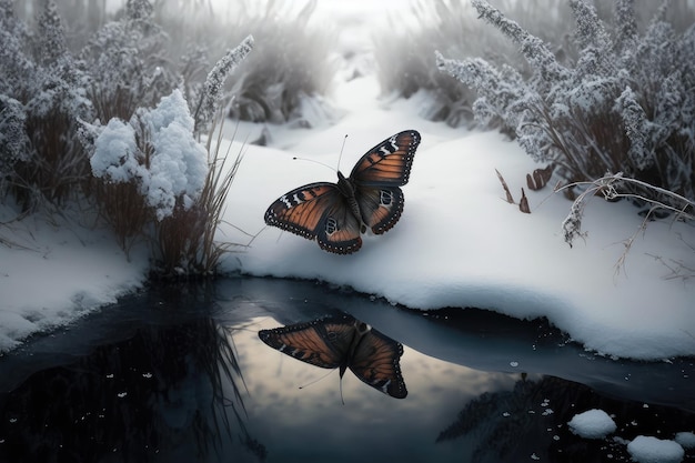 Unexpected glimpse of butterfly in the midst of wintery landscape