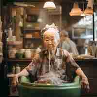 Photo the unexpected ritual a japanese elderly woman's hair washing journey in a cafe