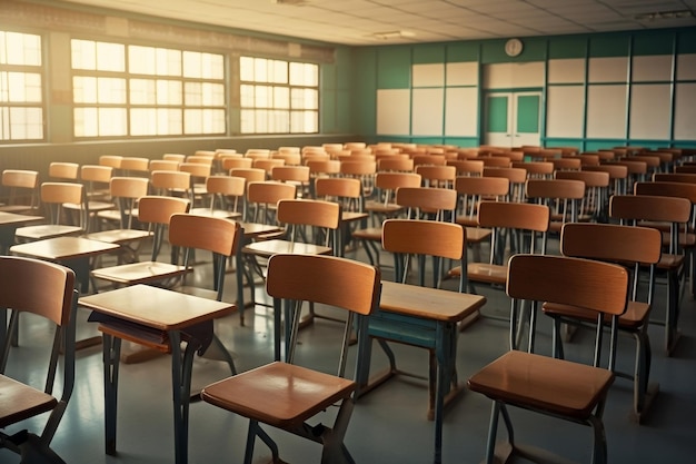 An Unfilled Classroom with Wooden Chairs Generative Ai