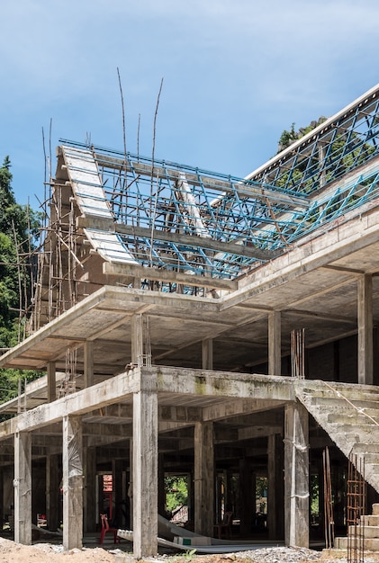 Unfinished temple with the wooden scaffolding.