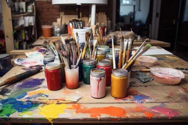 Unfinished wood pieces paintbrushes cans of paint on a table