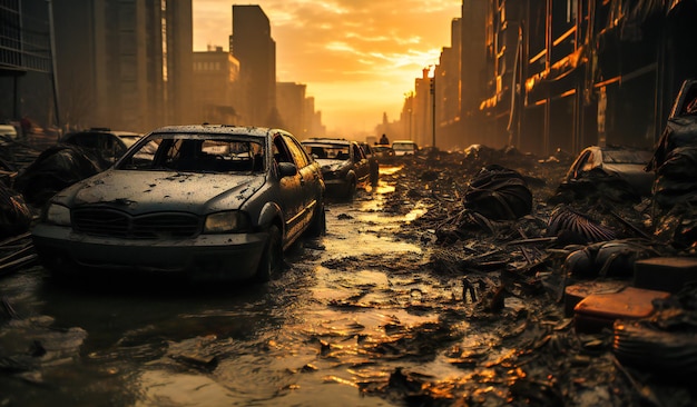 an unflooded city with cars around it