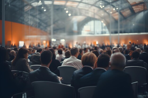 Foto lo sfondo sfocato di una grande sala riunioni piena di partecipanti d'affari