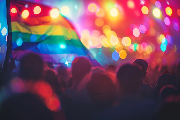 Unfocused image of silhouette of pride parade people and rainbow flag LGBTQ pride