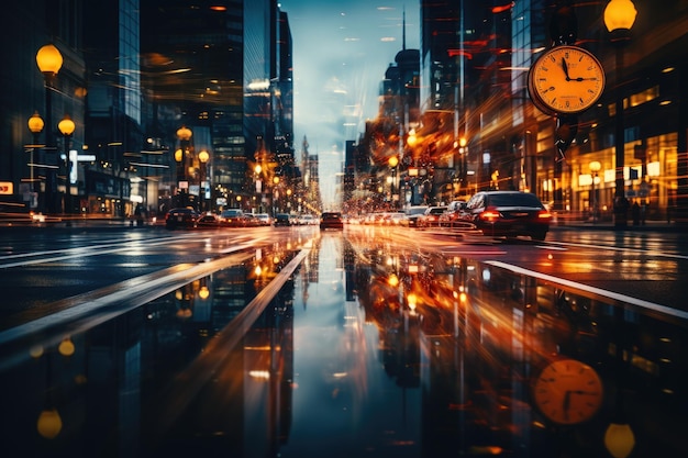 An unfocused image of an urban road at nighttime filled with moving cars and a clockbearing