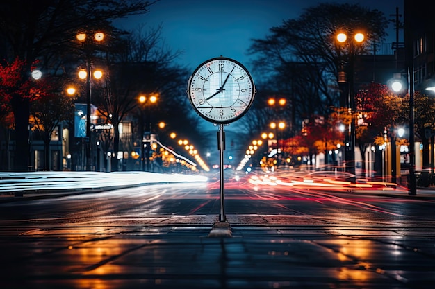 An unfocused image of an urban road at nighttime filled with moving cars and a clockbearing