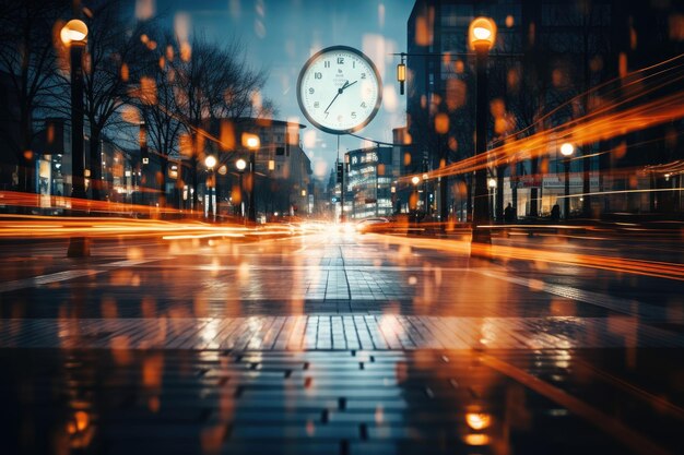 An unfocused image of an urban road at nighttime filled with moving cars and a clockbearing