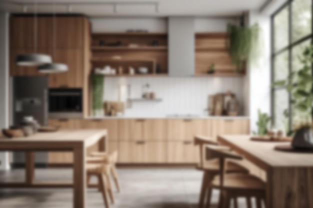 Unfocused ScandinavianStyle Kitchen With White Or Light Cabinets Wood Accents Generative AI