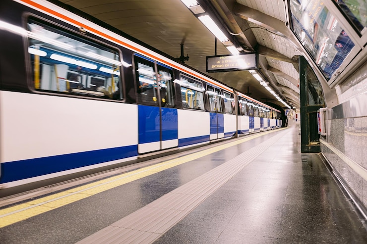 Photo unfocused train entering or leaving the 'banco de espaãâãâ±a' station of the madrid metro in spain