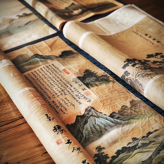 사진 캘리그라피 와 그림 을 담은 중국 의 두루마리 들 이 펼쳐져 있다