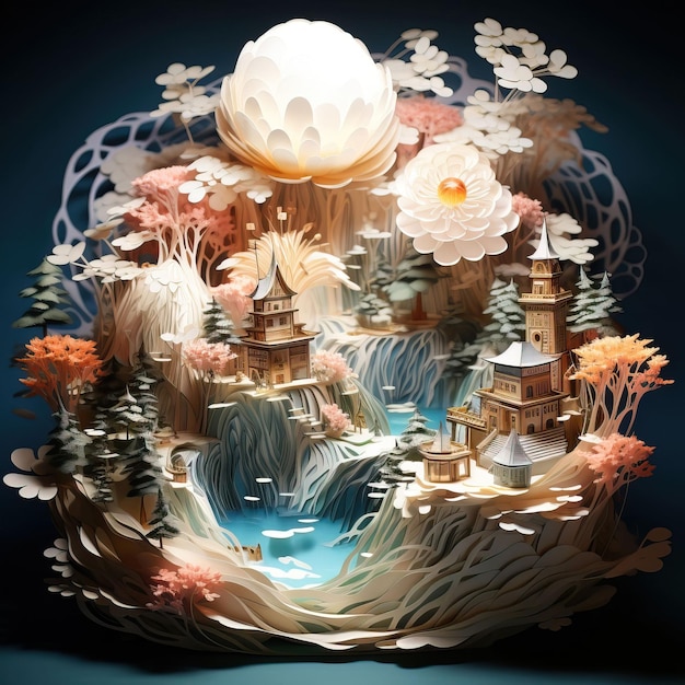 unfolds in a 3D paper sculpture with floating islands and magical creatures